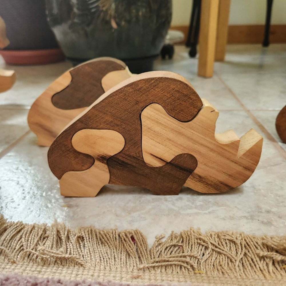 Handmade Wooden Rhino Puzzle Toy - Set of 2